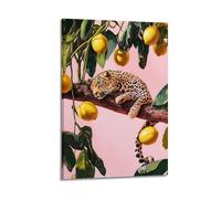 Colorful Nature Wall Art, Whimsical Leopard on Lush Lemon Tree Scenery, Bold Yellow Orange Hues, Hanging Paintings Poster Funky Wildlife Painting for Trendy Room Aesthetic 12x18inch(30x45cm)