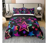 Colorful Neon Stars 100% Cotton Duvet Cover Street Art Hippie Cartoon Star Pattern Bedding Set for Kids Teens Adults Gradient Rainbow Hearts Decor Quilt Cover,2 Pillowcases(No Comforter) Double