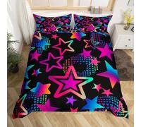 Colorful Neon Stars Duvet Cover,Street Art Hippie Cartoon Star Bedding Set for Kids Teens Adults,Gradient Rainbow Hearts Decor Comforter Cover 2 Pillowcases(No Comforter) Super King 3 Pcs