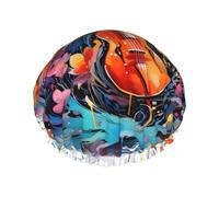 Colorful Note Guitar Printed shower cap, reusable, specially designed for women's long hair, double-layer structure, suitable for bathing.