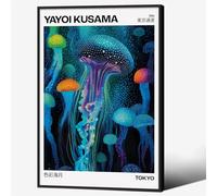 Colorful Ocean Jellyfish Wall Art Unique Japanese Animal Posters Yayoi Kusama Canvas Prints 16X24 inch Black Framed for Living Room Bedroom Wall Decor