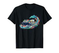 Colorful Ocean Wave Around Cargo Ship Scene T-Shirt