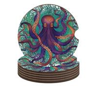Colorful Octopus 6PCS Car Coasters Absorbent Drink Coasters with A Finger Universal Wood Coffee Coaster for Cup Holders Non-Slip Car Cup Holder Coaster Cute Drink Mat Car Accessories for Women Men