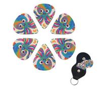 Colorful Octopus Guitar Picks 6 Pack, 0.71mm Thickness Celluloid Bass Pick with Leather Guitar Pick Holder Keychain Abstract Art Pics Plectrum for Acoustic Electric Guitar, Ukulele, Bass