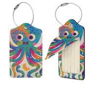 Colorful Octopus Luggage Tag PU Leather Suitcase Tags Identifiers Travel Tags with Privacy Protection and Stainless Steel Loop Luggage Bag Tag for Women Men, Black, 4 pcs