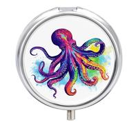 Colorful Octopus Pill Box 3 Compartment Portable Travel Pill Case with Mirror Round Metal Medicines Storage Container Pocket Medicine Box to Hold Vitamins Fish Oil