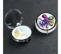 Colorful Octopus Pill Box 3 Compartment Round Metal Pill Case for Purse & Pocket, Portable Medicine Organizer Travel Pillbox Daily Pill Container Holder to Hold Vitamins, Fish Oil