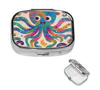 Colorful Octopus Pill Box with Mirror, 2 Compartment Small Pill Case for Purse Or Pocket Mini Metal Pill Holder Travel Weekly Medicine Tablet Vitamin Holder Organizer Travel Gifts