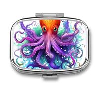 Colorful Octopus Pill Organizer Container for Travel, Metal 2 Compartment Square Pill Case, Portable Mini Medicine Box Pill Storage Case for Purse Pocket, Supplement Storage