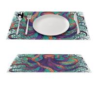 Colorful Octopus Placemat, 6 PCS PVC Placemats Washable Non-Slip Place Mats for Dining Table, Wipeable Table Mat for Party Kitchen Dining Decor