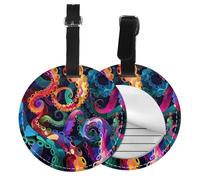Colorful Octopus Tentacles Round Luggage Tag Sea Ocean PU Leather Travel Bag Tag ID Labels Name Card Holder wtih Buckle for Luggage Suitcase Backpacks