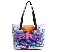 Colorful Octopus Tote Bag Large Soft Leather Purse with Zipper Lightweight Ladies Shoulder Handbag