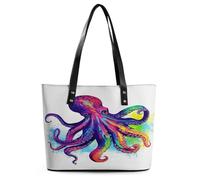 Colorful Octopus Tote Bag Large Soft Leather Purse with Zipper Lightweight Ladies Shoulder Handbag