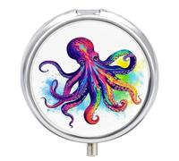 Colorful Octopus Travel Pill Box Case 3 Compartment Cute Pill Organizer Metal Pill Holder with Mirror Small Medicine Organizer Daily Pill Container for Purse Pocket Portable Meds Box