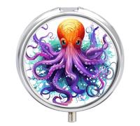 Colorful Octopus Travel Pill Box Case 3 Compartment Cute Pill Organizer Metal Pill Holder with Mirror Small Medicine Organizer Daily Pill Container for Purse Pocket Portable Meds Box
