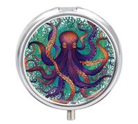 Colorful Octopus Travel Pill Box Case 3 Compartment Cute Pill Organizer Metal Pill Holder with Mirror Small Medicine Organizer Daily Pill Container for Purse Pocket Portable Meds Box