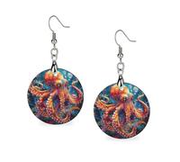 Colorful Octopus Women's Drop Earrings Wooden Dangle Pendant with Stud Hoop Jewellery Gifts
