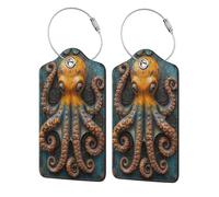 Colorful Octopus Wood Vintage Luggage Tag for Suitcase 2 Pack Leather Luggage Tag with Privacy Flap Name Id Label and Metal Loop for Women Men Travel