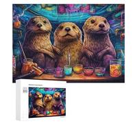 Colorful Otters at The Bar Illustrated Jigsaw Puzzle for Adults, 300 PCS