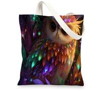Colorful Owl Canvas Tote Bags, Artistic Feather Pattern Reusable Grocery Bags, Fanciful Lightweight Washable Shoulder Strap, Multicolor, 13x15 Inch