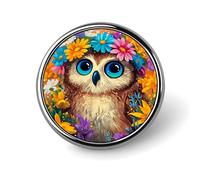 Colorful Owl Floral Crown Snowy Owls Winter Tree Round Aluminum Alloy Pin Badge, Decorative Brooch for Jackets, Backpacks, Hats, Shirts, Stylish Metal Lapel Pin Accessory for Men Women 1in