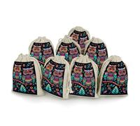 Colorful Owl Pictures Bunches Pocket Cotton And Hemp with Drawstring 8 Pieces Reusable Gift Bags Jewelry Pouch for Wedding DIY Craft Party (4.9 X 6.7 Inch)