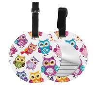 Colorful Owl Round Luggage Tag 2PCS Cute PU Leather Travel Bag Tag ID Labels Name Card Holder wtih Buckle for Luggage Suitcase Backpacks