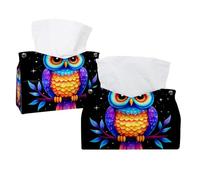 Colorful Owl Tissue Box Cover, PU Leather Rectangular Tissue Box Case Organizer Holder for Vanity Countertop, Night Stands, Livingroom, Office, Set of 2