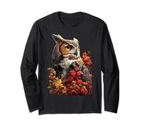 Colorful Owl with Autumn Leaves Fall Flowers Forest Animal Long Sleeve T-Shirt