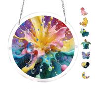 Colorful Paint Splatter 7.8x7.8Inch Round Acrylic Jigsaw Puzzle Suncatcher, Crystal Window Decor Wall Art Ornament, Home Decoration Gift