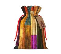 (Colorful Painted Wood) Print Christmas New Year Candy Gift Bag, Red Xmas Ribbon Drawstring Bags for Kids Xmas Holiday Eve Presents M Size