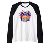 Colorful Palm Tree Beach Sunset Tropical Summer Vacation Raglan Baseball Tee