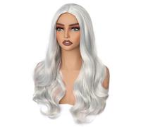 colorful panda 24 inch / 60cm Long Grey Wavy Curly Wig for Women Middle Part Full Wigs Heat Resistant Synthetic Halloween Costume Cosplay Wig (Silver Gray)