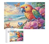 Colorful Parrot on Branch at Sunset Beach 1000 Piece Jigsaw Puzzle for Teens 14+ Party Game Logic Thinking Gift for Social Gathering 1000 PCS
