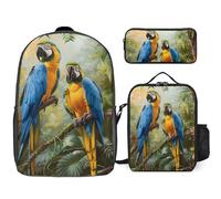 Colorful Parrot on Tree Branch 3 Pieces Set Laptop Backpack Casual Daypack with Lunch Box Pencil Case for Travel