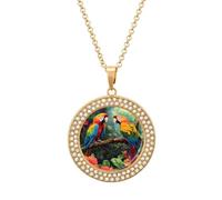Colorful Parrot Standing on Branch Multicolored Diamond Necklace Dainty Round Pendants Jewelry for Women Golden-style