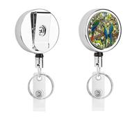 Colorful Parrots On Tree Badge Reel Round Retractable Keychain Stainless Steel Metal Badge Clip Heavy Duty Badges Holder Nylon Rope Belt Clip and Key Ring for Woman Man
