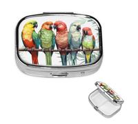 Colorful Parrots On Tree Pill Box 2 Compartment Square Portable Pill Case for Pocket or Purse Pill Holder Weekly Pill Organizer Decorative Metal Medicine Vitamin Organizer Travel Gift