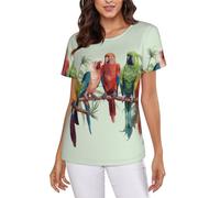 Colorful Parrots On Tree Women's Short-Sleeve T Shirts Cute Comfy Elasticity Round Neck Summer Tops Black