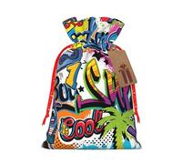 (Colorful Pattern) Print Christmas New Year Candy Gift Bag, Red Xmas Ribbon Drawstring Bags for Kids Xmas Holiday Eve Presents S Size