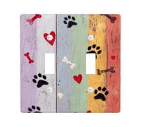 Colorful Paw Print Light Switch Cover Plate/Outlet Covers, Playful Hearts and Bones Design for Animal Lovers, Thermoplastic Wall Plates, Standard Size Double Toggle