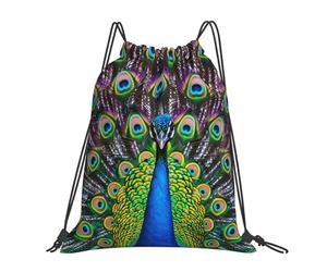 Colorful Peacock Feather Bird Men Women String Backpack Foldable Gym Sack Lightweight Drawstring Backpack For Climbing Sports Football