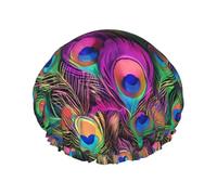 Colorful Peacock Feather Print Reusable Shower Cap For Women, Double Waterproof Layer Shower Cap, Hair Care Essential