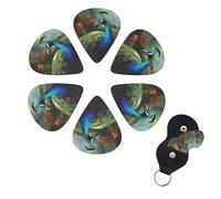Colorful Peacock Guitar Picks 6 Pack, 0.96mm Thickness Celluloid Bass Pick with Leather Guitar Pick Holder Keychain Abstract Art Pics Plectrum for Acoustic Electric Guitar, Ukulele, Bass