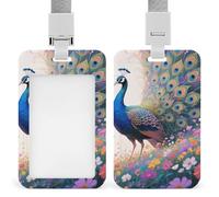 Colorful Peacock in Flower Sea ID Badge Holder Retractable Badge Reel, Vertical Card Name Tag Holder with Breakaway Lanyard, ID Cards Holders Case for Nurse Security Staff Women Men