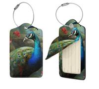 Colorful Peacock Luggage Tag PU Leather Suitcase Tags Identifiers Travel Tags with Privacy Protection and Stainless Steel Loop Luggage Bag Tag for Women Men, Black, 4 pcs