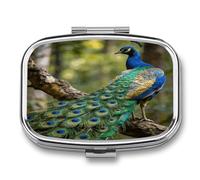 Colorful Peacock on A Tree Branch Pill Case Portable Medicine Organizer Travel Daily Pill Box Small Metal Medicine Box for Purse Pocket Pill Container Holder Two Compartments Medication Holder