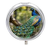 Colorful Peacock on A Tree Branch Round Pill Box with Mirror 3 Compartment Portable Pill Case for Travel Outdoor Use Cute Small Pill Organizer for Pocket Or Purse