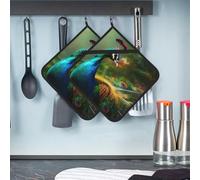 Colorful Peacock Pot Holders with Pocket Sets of 2 Heat Resistant Thickened Hot Pads with Hanging Loops Oven Potholder for Kitchen Cooking Baking Trivet 8 X 8 Inches