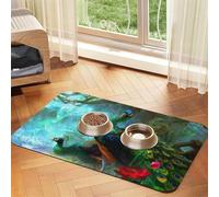 Colorful Peacock print PU Leather Feeding Mat for Dogs Cats Pet Food Mat Absorbent Non-Slip Rubber Bottom